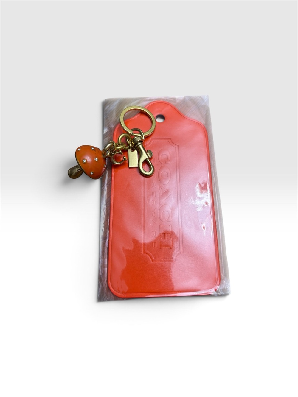 Orange Leather Luggage Tag with mushroom Key Charm